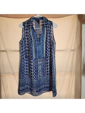 Nic+Zoe Sleeveless Blue Patterned Button-Front Collared Dress Lightweight Size M